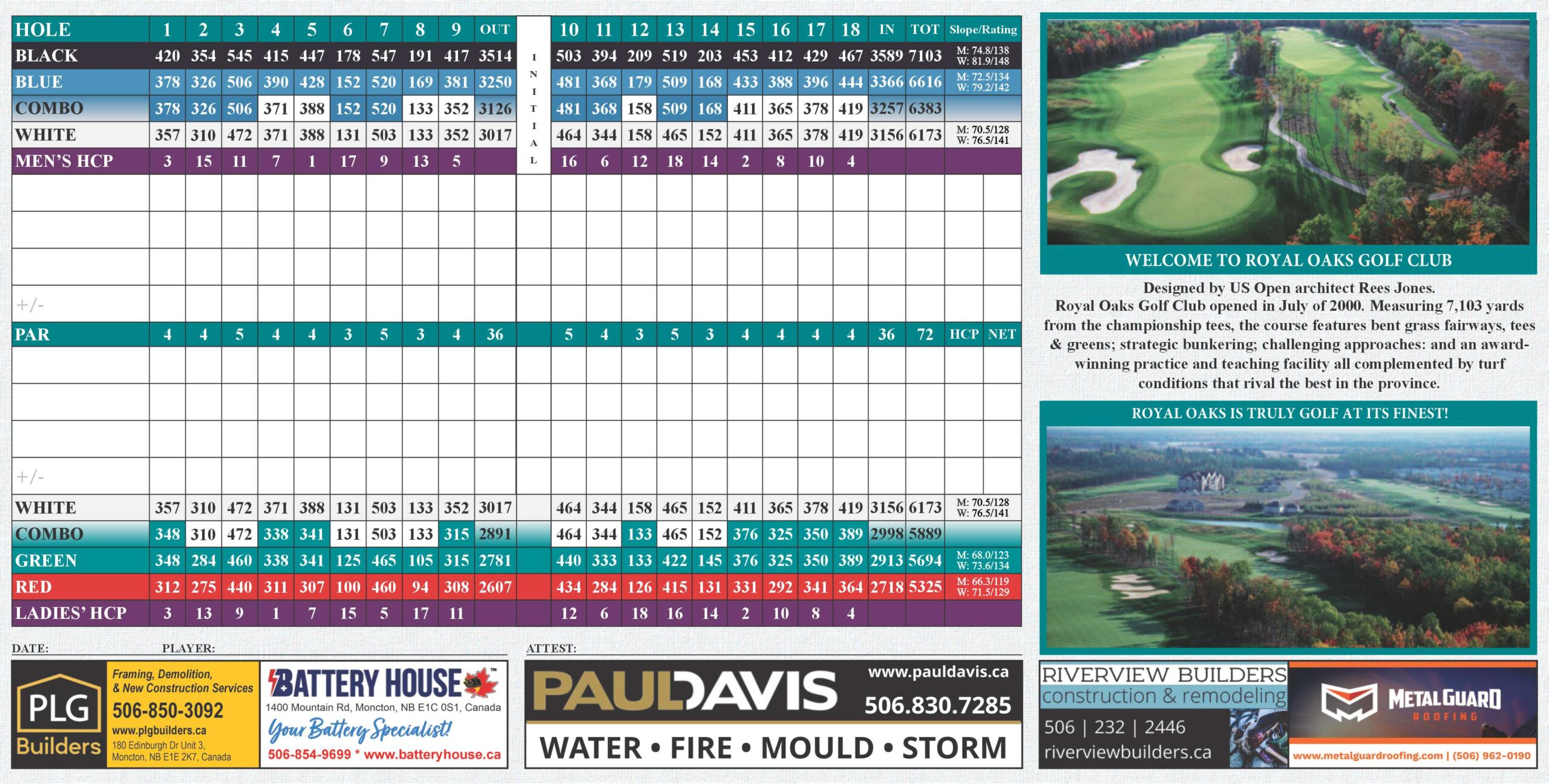 Royal Oaks Golf Scorecard<br />
 2023